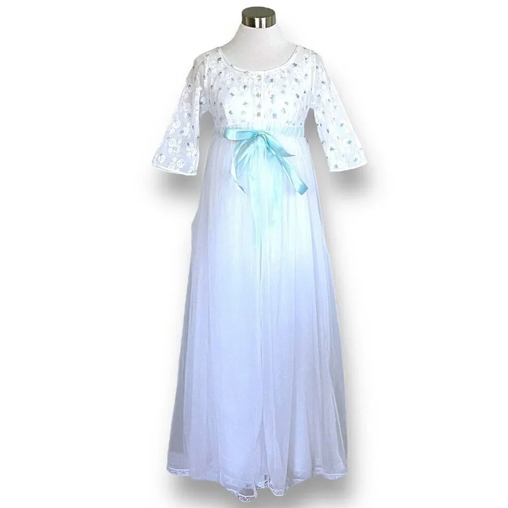 Vintage 1960s Miss Elaine Peignoir Set Sz P Petite White Blue Nylon Robe Gown